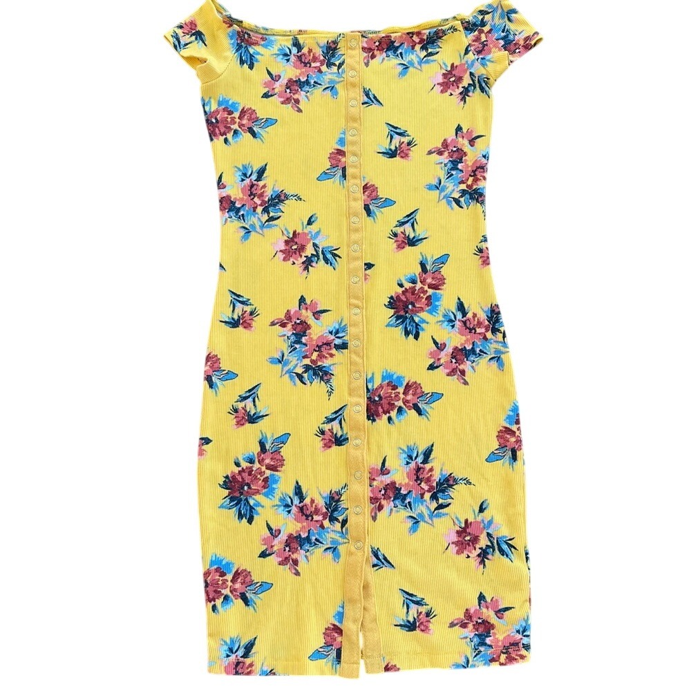 Guess Ribbed Knit Y2K Body Skimming‎ Floral Yellow Dress Medium